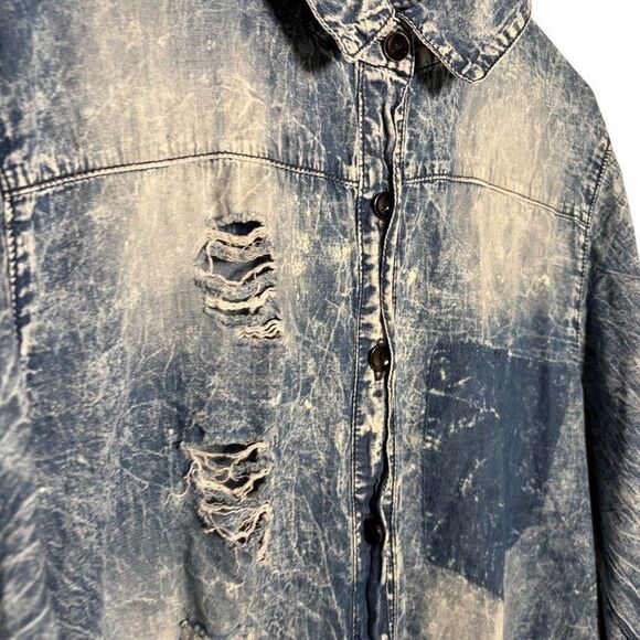 Thrill Jeans Top Women's 2X Blue Distressed Button Up Tunic Collared Shirt - Picture 6 of 12